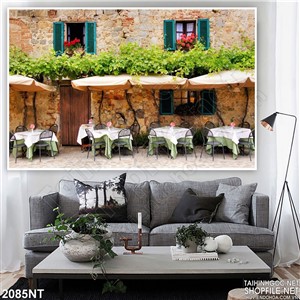 Tranh quán cà phê cây xanh