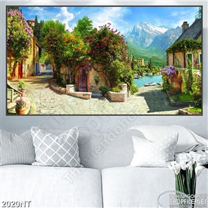 Tranh thôn nhỏ bên bờ biển in uv