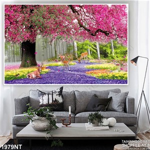 Tranh đàn nai và thảm cỏ tím