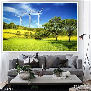 Tranh cối xay gió giữa cánh đồng cỏ