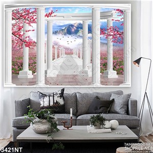 Tranh hàng lang trắng trong rừng đào