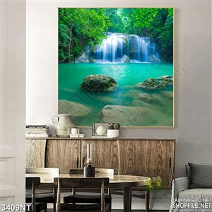 Tranh con thác cao đổ xuống sông xanh in uv