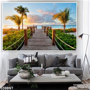 Tranh cây cầu đi ra biển bên những rặng dừa