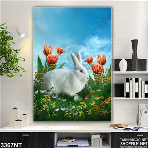 Tranh thỏ trắng bên những khóm hoa