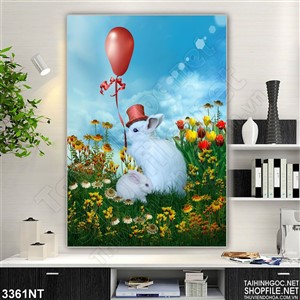 Tranh chú thỏ trắng và quả bong bóng đỏ