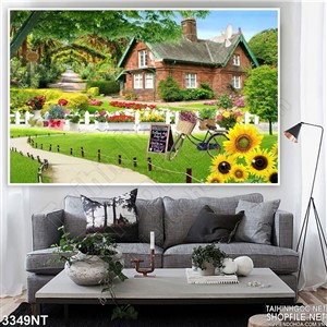 Tranh ngôi nhà lớn trong khu vườn hoa 3d