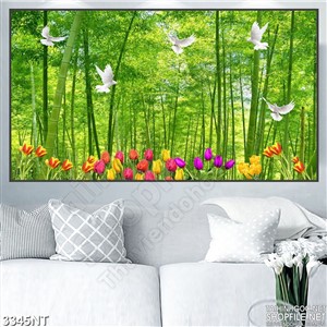 Tranh đàn bồ câu tung cánh trong rừng tre