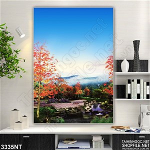 Tranh ngọn lá đỏ trên nền trời xanh in uv