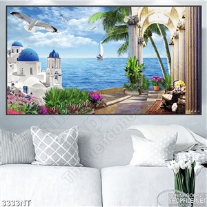 Tranh hải âu bay lượn trên thành phố biển