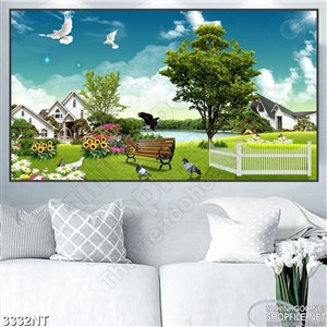 Tranh đàn bồ câu tung cánh trên khu vườn xanh