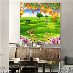 Tranh đàn ngựa hươu đang gặm cỏ