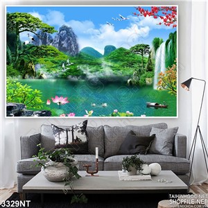 Tranh hồ sen dưới chân núi treo tường
