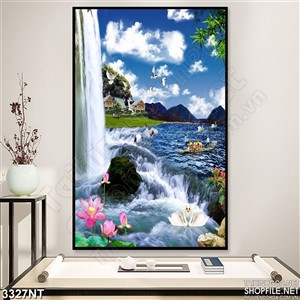 Tranh chim bay trên bầu trời xanh mây trắng