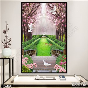 Tranh con đường cỏ non bên hàng cây xanh