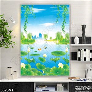 Tranh vẽ hồ nước xanh trong rừng in uv