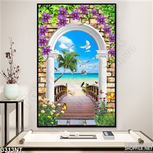 Tranh cánh cổng nhìn ra biển cùng đàn hải âu