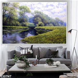 Tranh con sông trong rừng cỏ xanh