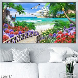 Tranh cây cầu đầy hoa hướng ra biển xanh