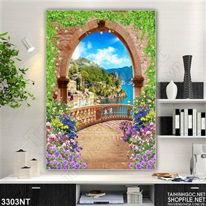 Tranh cánh cổng nhìn ra biển đầy hoa