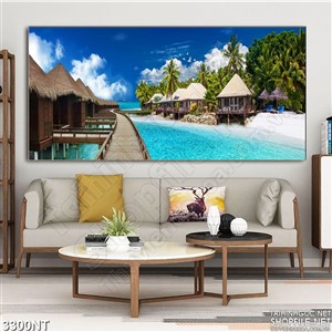 Tranh khu nghĩ dưỡng trên bãi biển xanh