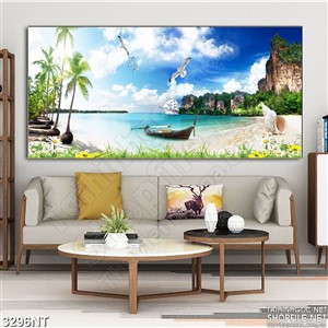 Tranh con thuyền vắng trên biển và đàn hải ấu