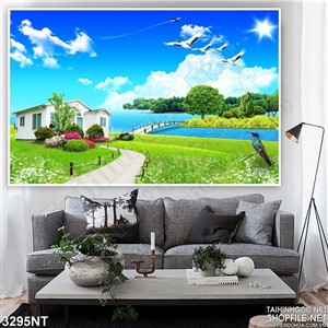 Tranh đàn hải âu bay lượn trên khu vườn sát biển