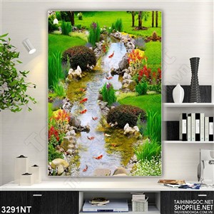 Tranh con suối đá hoa mơ in uv