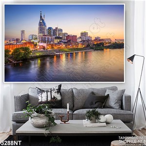 Tranh thành phố trên biển hoàng hôn