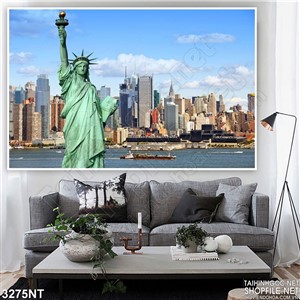 Tranh bức tượng trên thành phố biển 3d