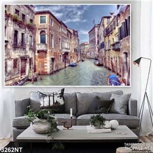 Tranh những ngôi nhà sát dòng sông