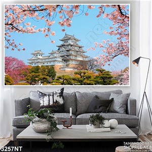 Tranh ngôi chùa dưới cây hoa anh đào