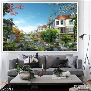 Tranh con suối đá trong khu phố