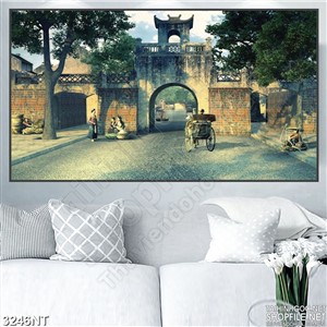 Tranh cổng làng ngày xa xưa in uv