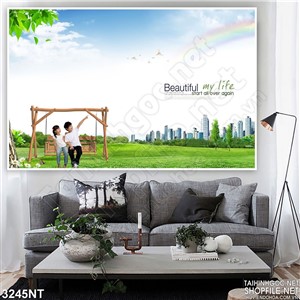 Tranh ngồi xí đu trên cánh đồng cỏ xanh