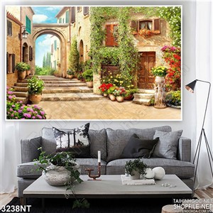 Tranh khu phố đầy hoa leo trên tường nhà