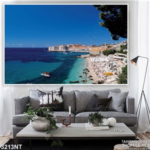 Tranh bờ biển xanh cát vàng óng ánh