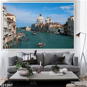 Tranh biển xanh bao quanh thành phố 3d