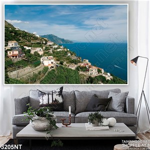 Tranh ngọn đồi đông đúc nhà trên biển