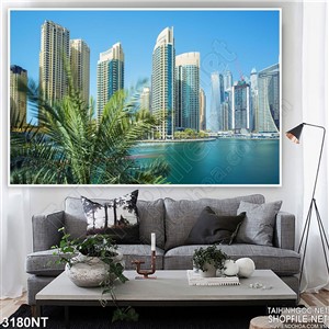 Tranh những tòa nhà cao ốc bên biển xanh