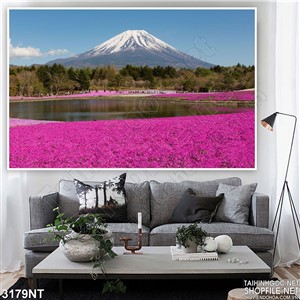 Tranh cánh đồng hoa màu hồng bên sông núi