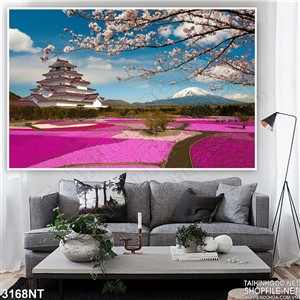 Tranh ngôi chùa bên đồng hoa màu hồng