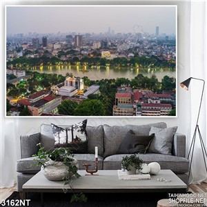 Tranh con sông trong thành phố đêm sáng đèn