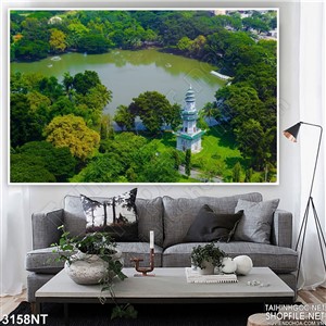 Tranh hồ nước giữa rừng cây xanh 3d