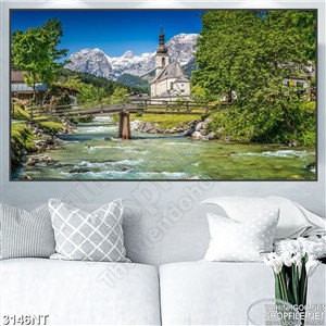 Tranh cây cầu cũ trên con sông nhỏ in uv