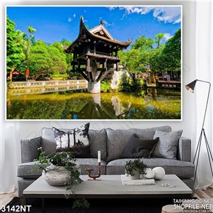 Tranh chùa một cột trên hồ nước
