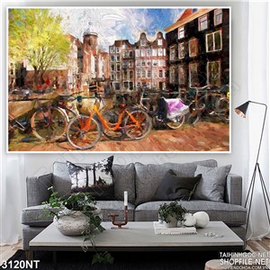 Tranh hàng xe đạp bên tòa nhà cao tầng