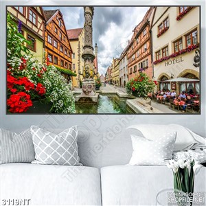 Tranh bể nước giữa lâu đài nguy nga