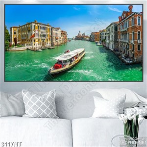 Tranh con tàu trôi trên sông xanh in uv