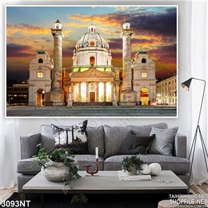 Tranh tòa lâu đài sáng đèn trong đêm