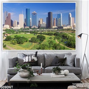 Tranh những tòa nhà cao ốc bên cánh đồng cỏ